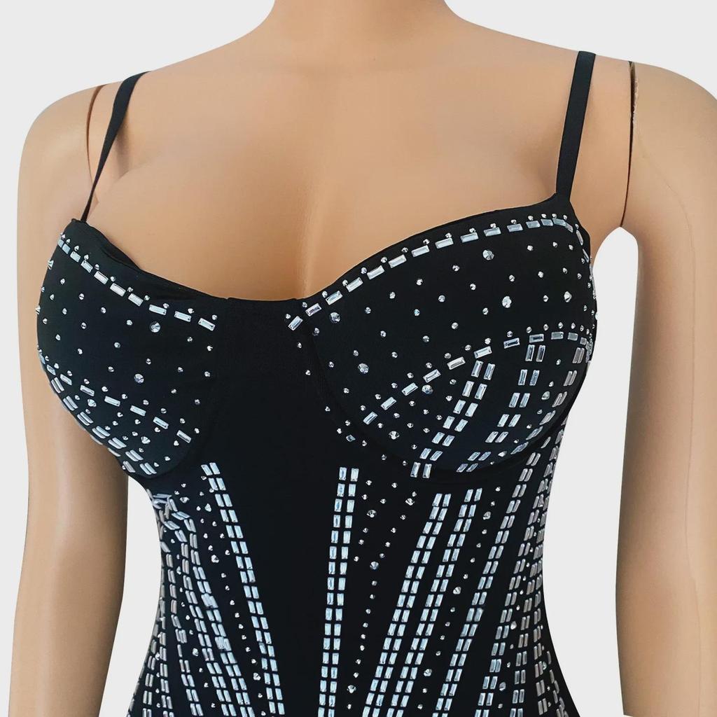 Z2221 Women's Sexy Mesh Diamond Suspender Dress - Autumn/Winter Nightclub Wear