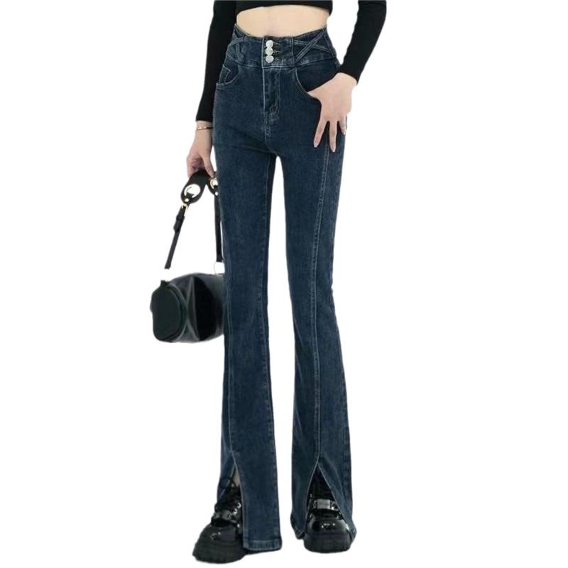 Pikantna Dziewczyna Seksowny Slim Fit Boczne Szwy Przesunięte do Przodu dla Efektu Wyszczuplenia i Wysokiego Kroju, Rozporek, Mikro Rozszerzane Damskie Jeansy