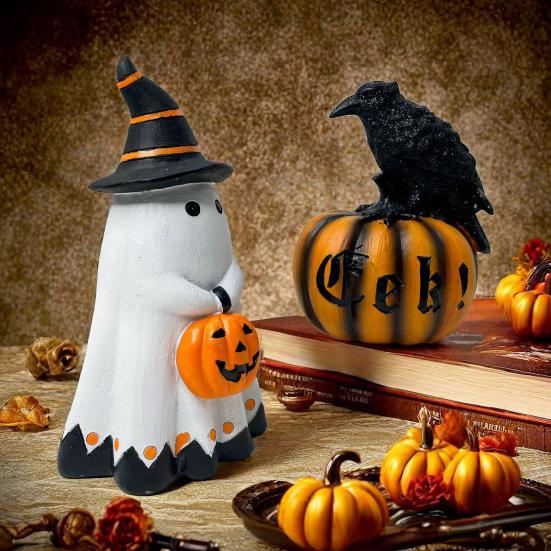 

Хэллоуин тыква призрак фигурка жуткий ворон стоит на тыкве смоляная статуя скульптура для использования в помещении и на открытом воздухе настольная A