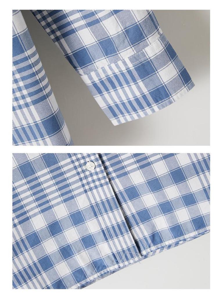 Women's Long Sleeve Plaid Shirt - Blue Cotton Cocoon, Mid-Length, 2026 Spring/Autumn Collection