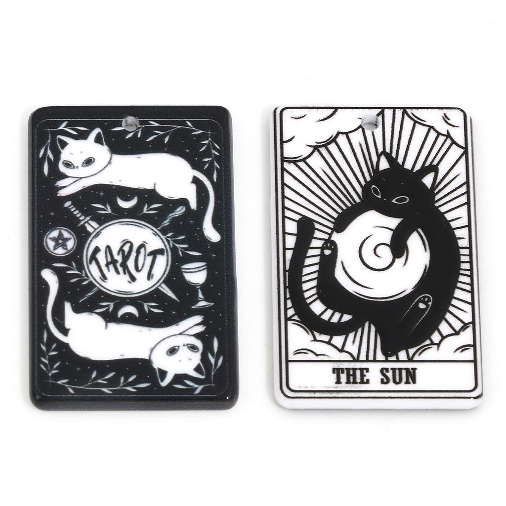5PCs Black White Acrylic Tarot Pendants Rectangle Cat Double-sided Charms For DIY Earrings Necklace Jewelry Making 3.8cm X 2.3cm