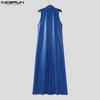 INCERUN Men Stand Collar Sleeveless PU Open Front Faux Leather Long Maxi Cardigan Coats