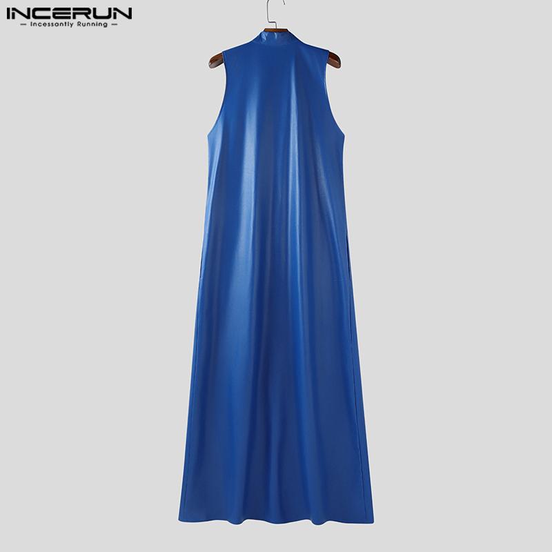INCERUN Men Stand Collar Sleeveless PU Open Front Faux Leather Long Maxi Cardigan Coats
