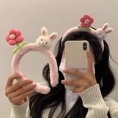 1 Adet Sevimli Tavşan Saç Bantları Pembe Çiçek Peluş Saç Halka Trend Kadın Saç Bandı Saç Halkası Tatlı Saç Bantları Aksesuarları Kadınlar İçin