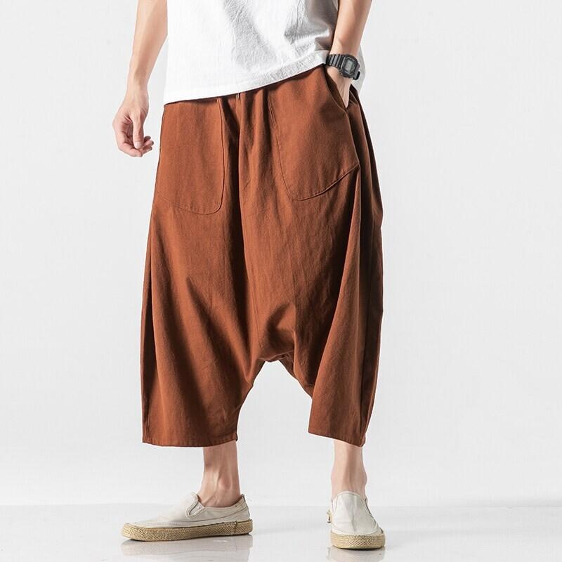 Mens Linen Cotton Blend Wide Leg Pants Loose Fit 8 Inch Length Low Crotch Plus Size Japanese Style Solid Color Casual
