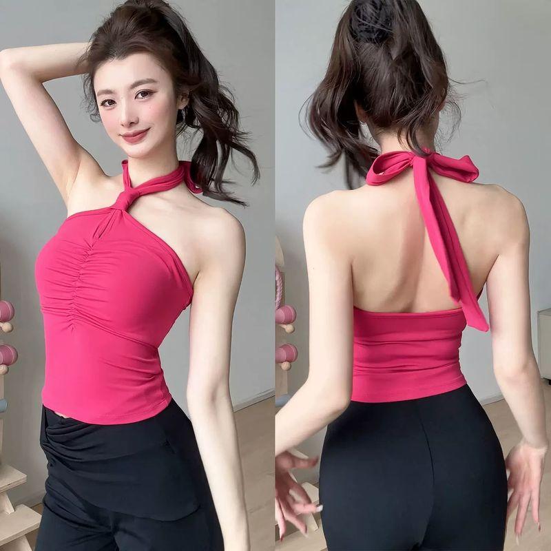 

Yoga Vest Hanging Neck Tube Top Beauty Back Sports Underwear Front Chest Pleat Fixed Cup Fitness Bra Shockproof Push up Elastic Rose Red L