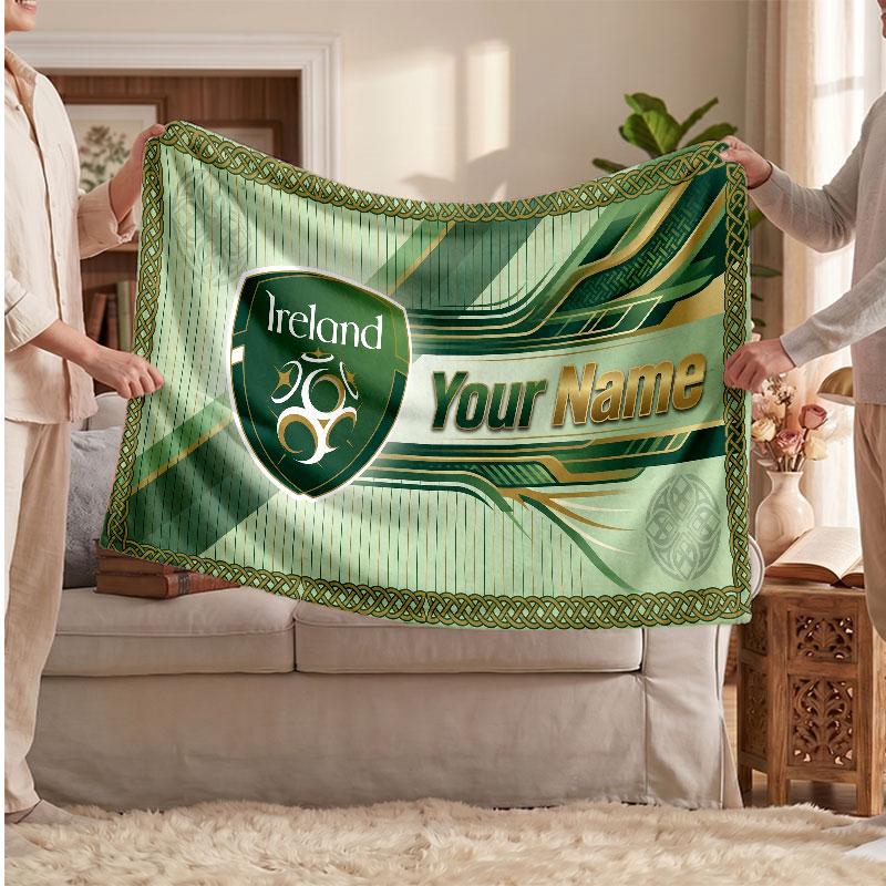 Ireland Rugby Flannel Blanket, Custom Name Text Personalized Soft Throw Blanket Home Decor Gift