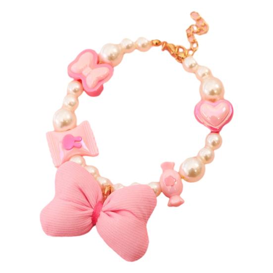 Faux Pearl Pet Collar Adjustable Cat Necklace with Candy Bow Decor for Puppy Kitten Wedding Party Accessories