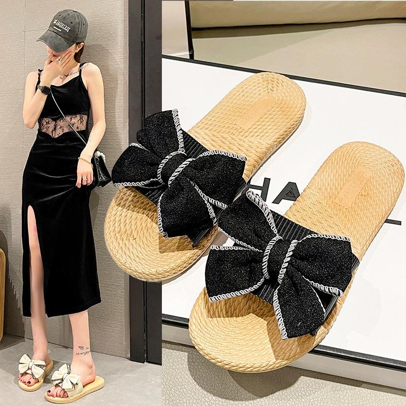 Cool slippers women's summer new bow fashion outer wear flat bottom soft bottom indoor flower sandals women's beach
