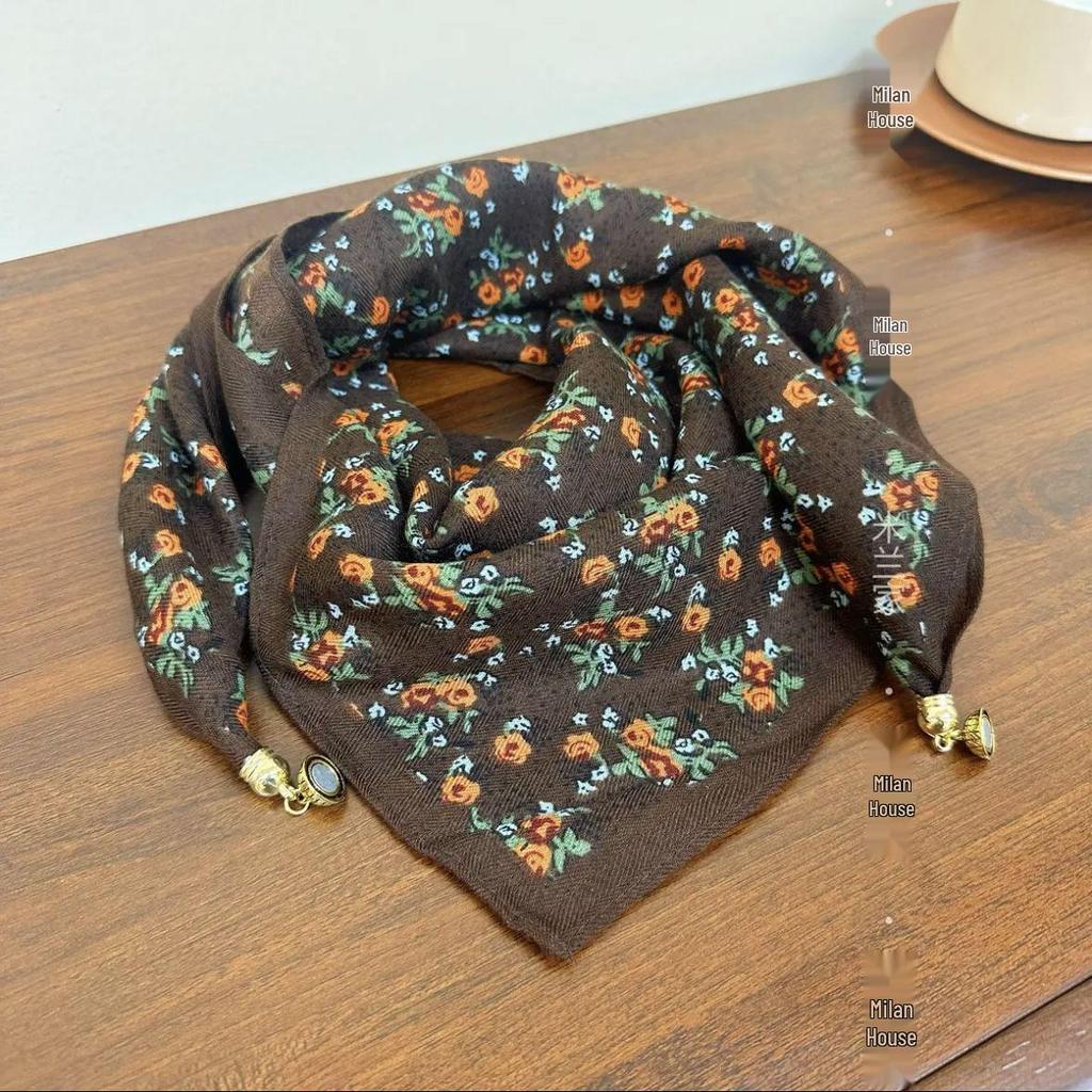 Chic Autumn/Winter Silk Scarf with Magnetic Golden Ball Clasp – Korean Style Neck Warmer