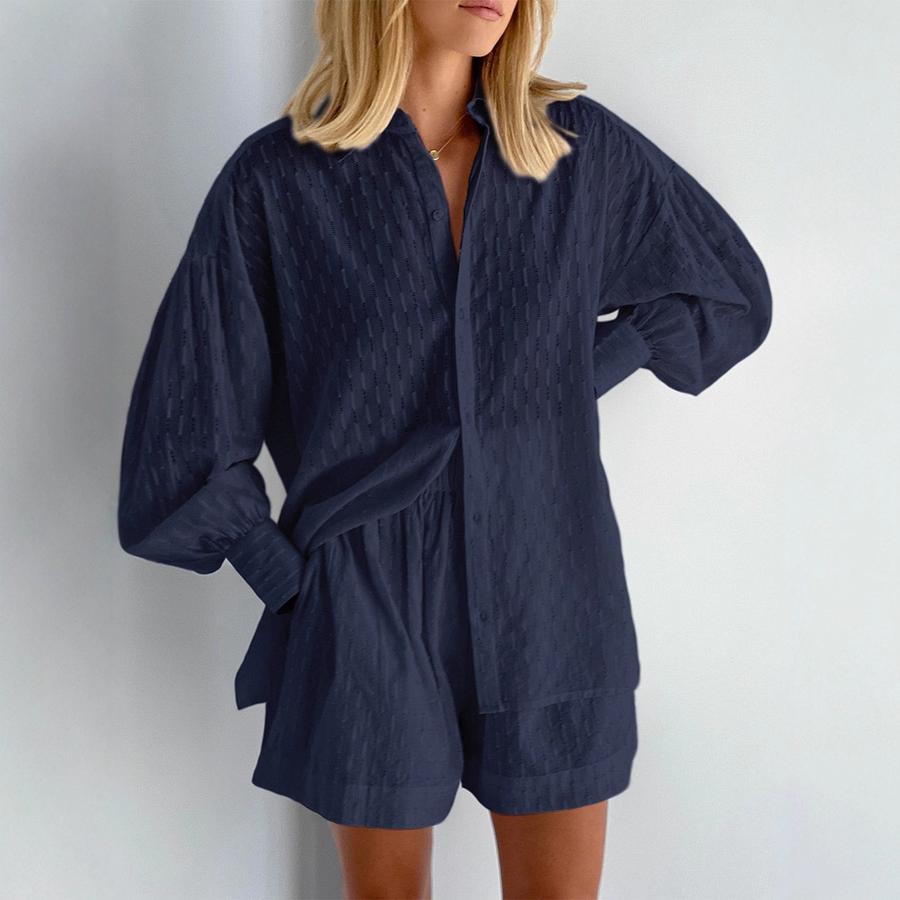 Autumn Women's Clothing Set - Floral Tie-Dye Bubble Sleeve Shirt & Shorts Outfit for Work & Casual Wear