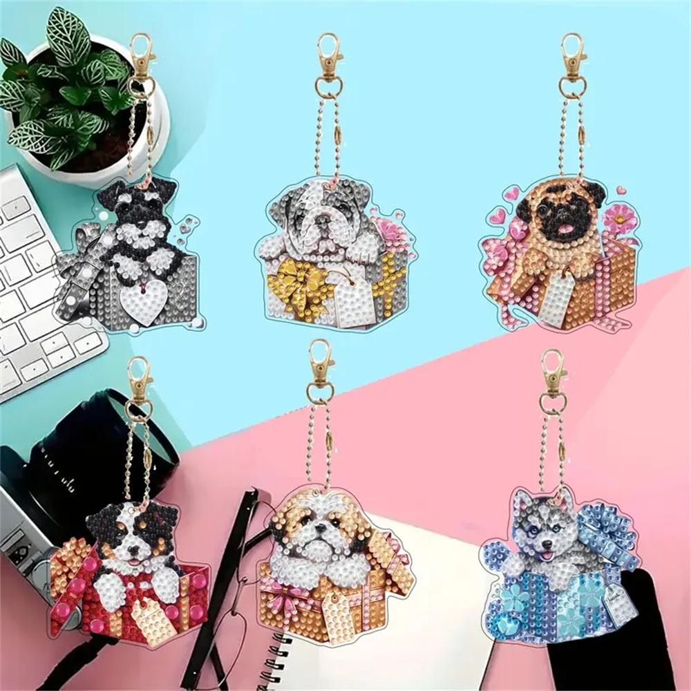 6Pcs/Set DIY Diamond Painting Keychain - Animal and Dog Patterns, DIY Decorations, Diamond Kit Craft Supplies