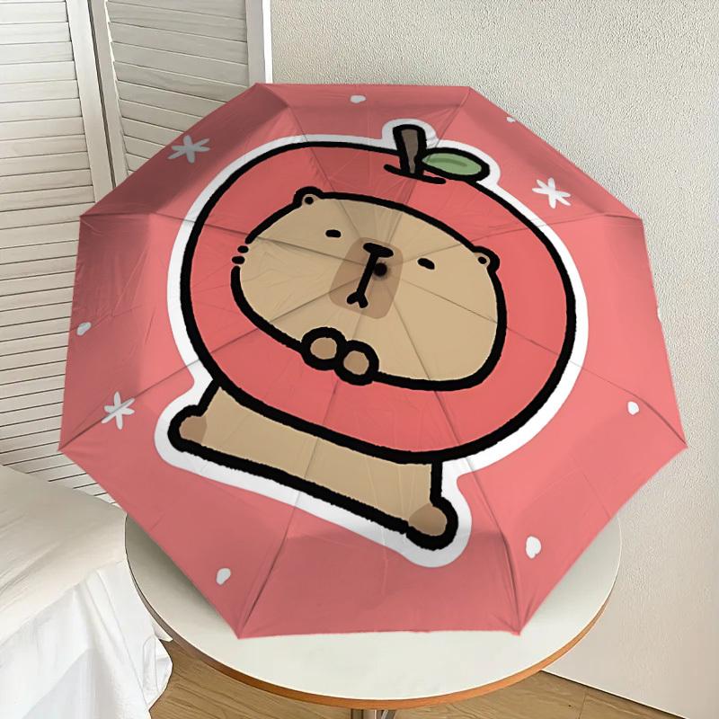 1pc Apple Cute Capybara Automatic Folding Umbrella, Portable Collapsible Design, 8-Rib Iron Frame, Outdoor Accessory yy250905099