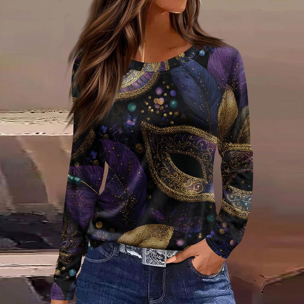 Women's Fashionable Casual Neck Long Sleeve Hem Split Carnival Print T-Shirt Top