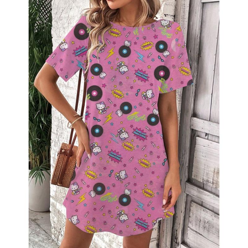 Mini Sukienka Elegancka Sukienka Damska Hello Kitty Okrągły Dekolt Krótki Rękaw Modna Lato 2025 Moda Seksowna