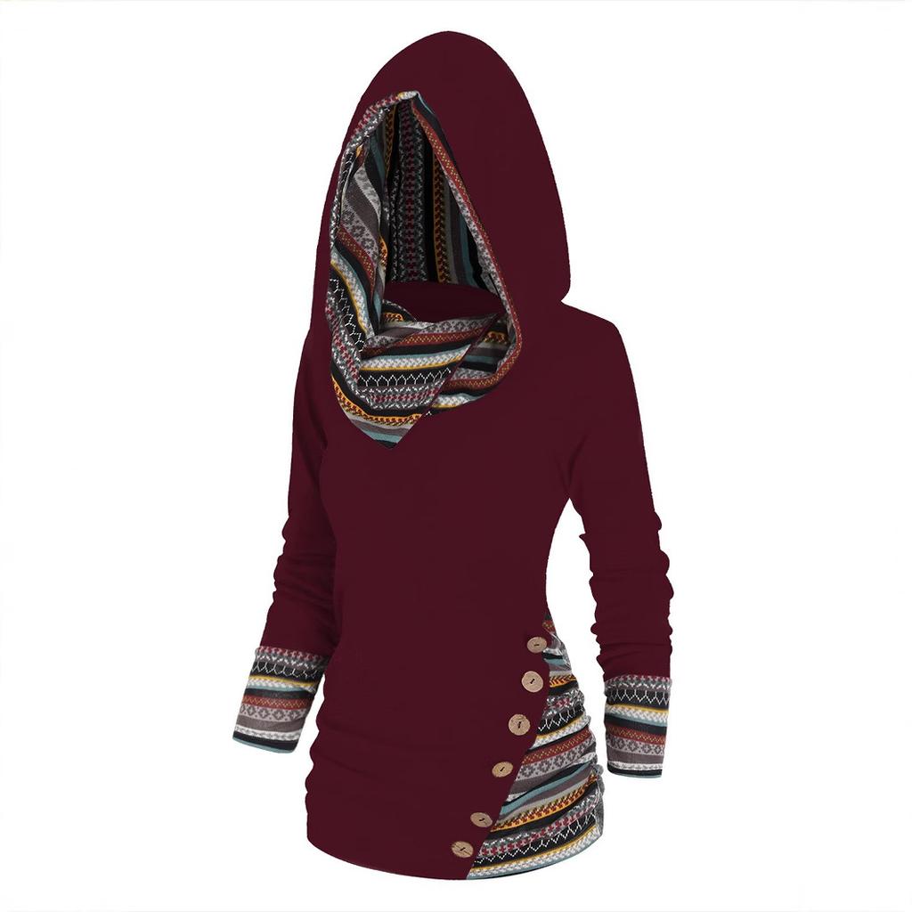 Tribal Geometric Stripe Splicing Hooded Knitted Long Sleeve Button Top Casual Ethnic Sweater Women