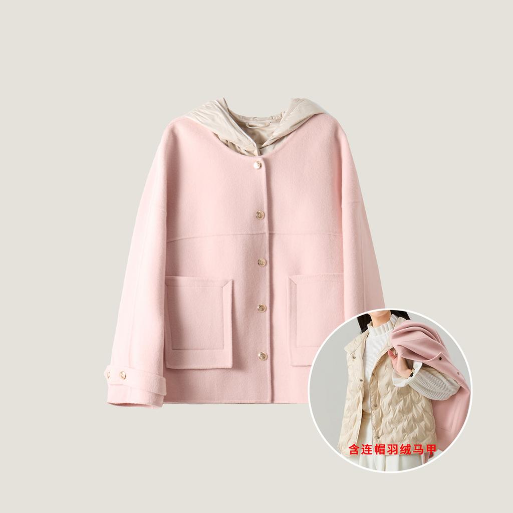 Anti-season Double-sided Coat Wool Cashmere Gold Buckle Women's Coat with Casual Hooded Vest Two-piece Set