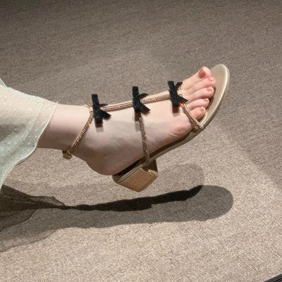 Mode Luxe Nœud Talon Épais Sandales Femmes Élégantes Bride Cheville Chaussures de Fête Femme 2025 Talons Moyens Gladiateur Sandalias Mujer