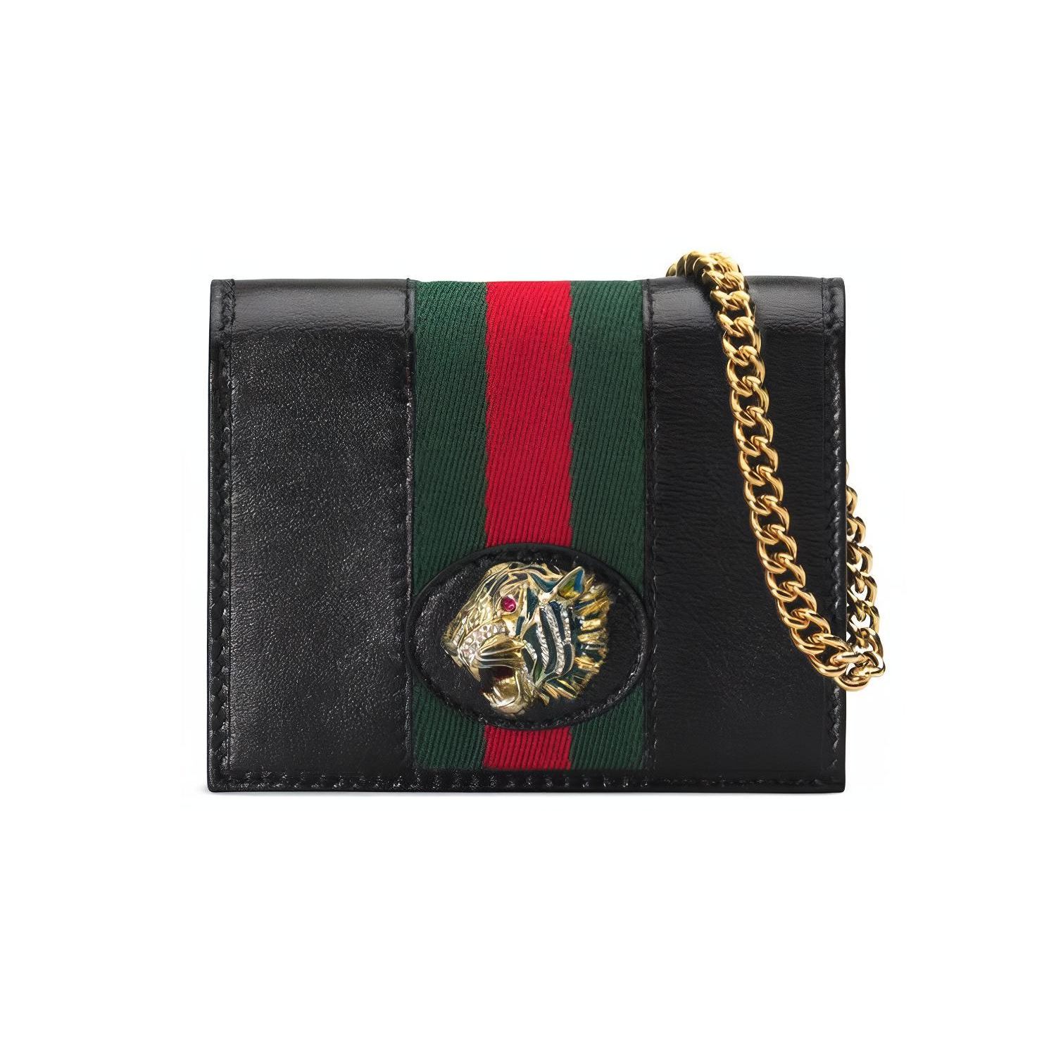 

Gucci Rajah Crystal Enamel Tiger Head Decorative Striped Web Chain Leather Tote Bag Card Holder Women handbags Black 573790-0OLHX-8389 Box(Basic Set+Box)