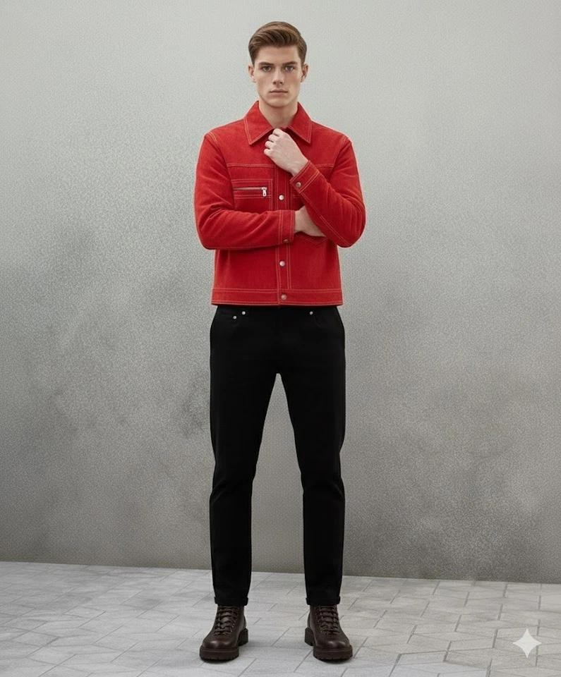 Red Men's Suede Handmade Lambskin Leather Jacket Fit Biker Stylish Motorcycle