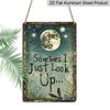 2D Flat Vintage Aluminum Dragonfly & Moon Sign with "Sometimes I Just Look Up" Quote - Rustic Farmhouse Wall Decor - Dark Blue Night Sky