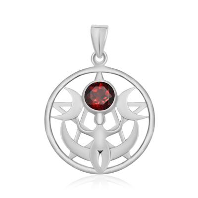 Triple Moon Goddess Celtic Pentagram Pentacle Pendant 925 Sterling Silver Natural Garnet Gemstone Pendant For Unisex