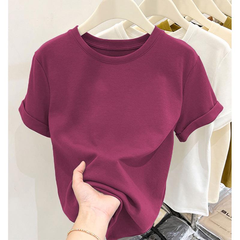 Women's Crimson Brushed Short-Sleeve Round Neck T-Shirt, Thicker Style For All Seasons