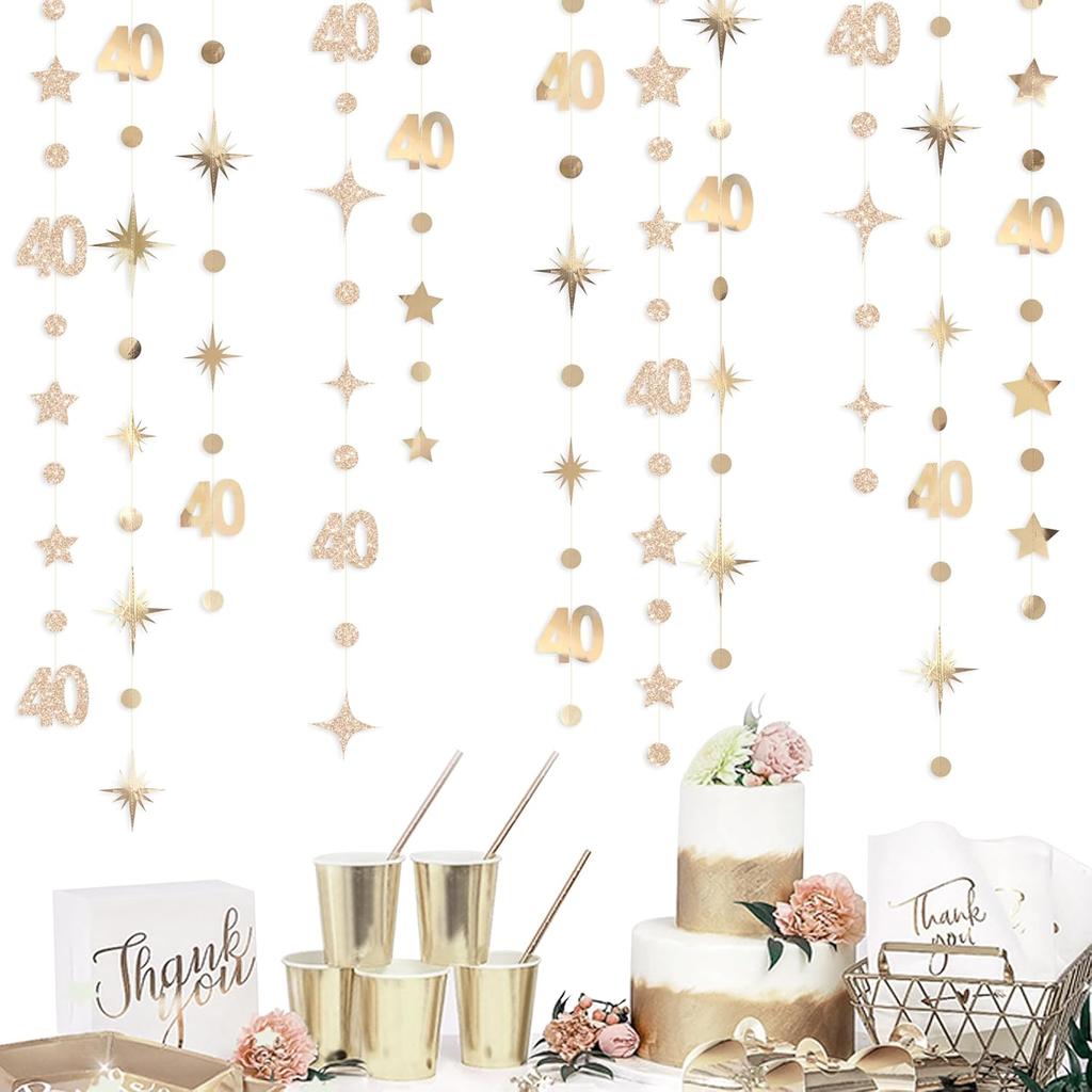 Champagne Gold 40th Birthday Decorations Number 40 Circle Dot Twinkle Star Garland Streamer Banner Backdrop for Women Mens Cheers To 40 Years Old