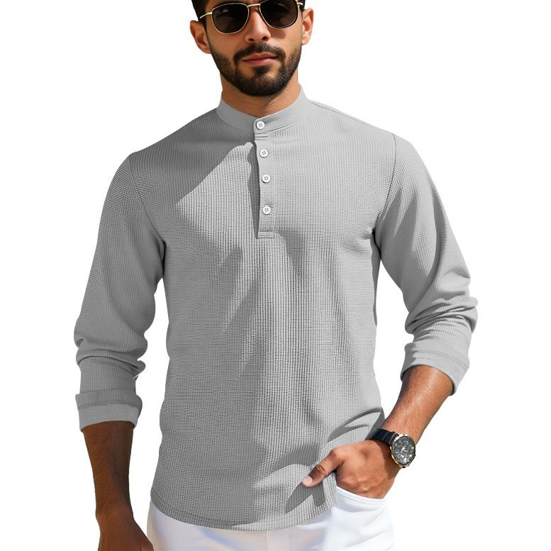 Fashion summer medium-sleeved polo shirt waffle casual business loose stand-up collar button polo suit men S