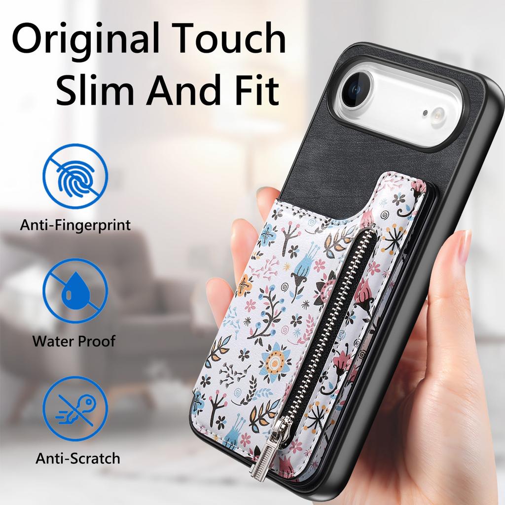 For iPhone Air Leather Phone Cover with RFID Blocking Zipper Card Bag Kickstand