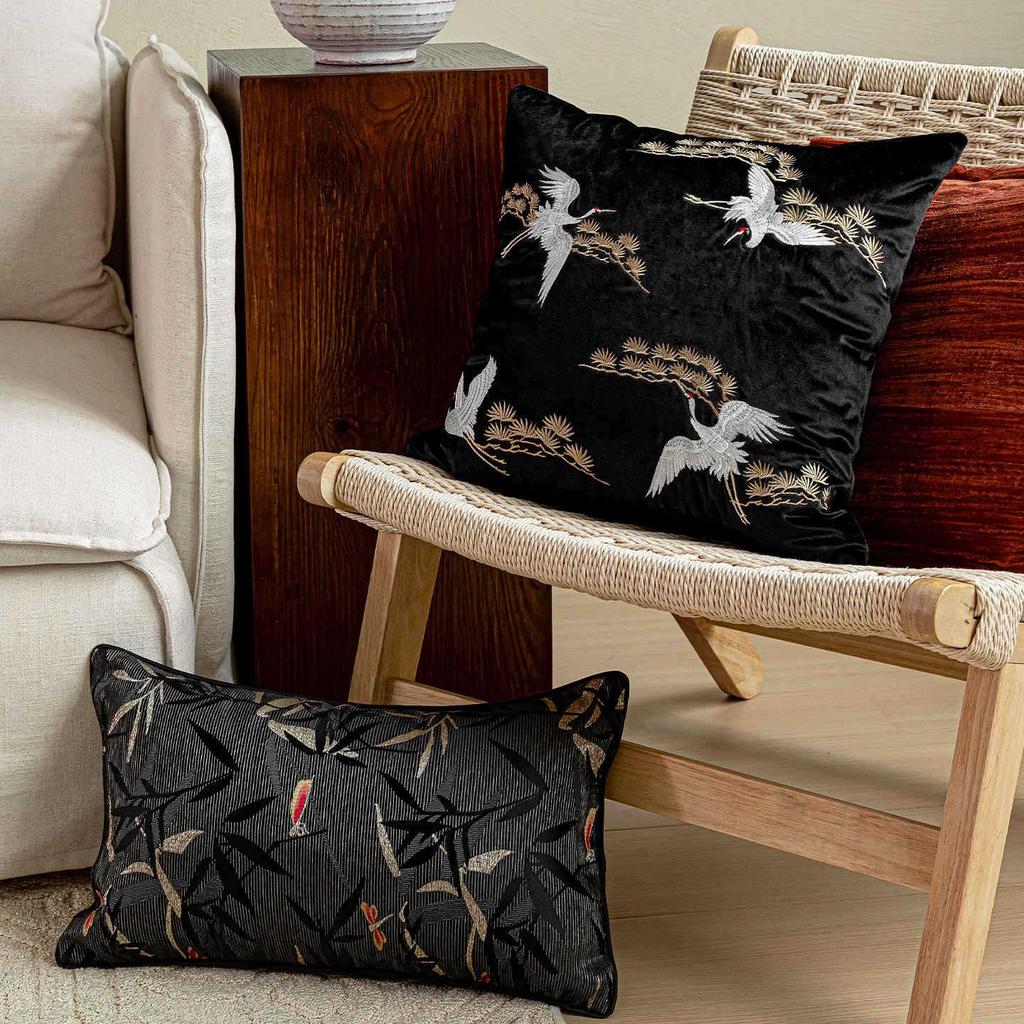 Oriental Pine Crane & Bamboo Embroidered Cushion Set – Chinese Style Sofa Décor