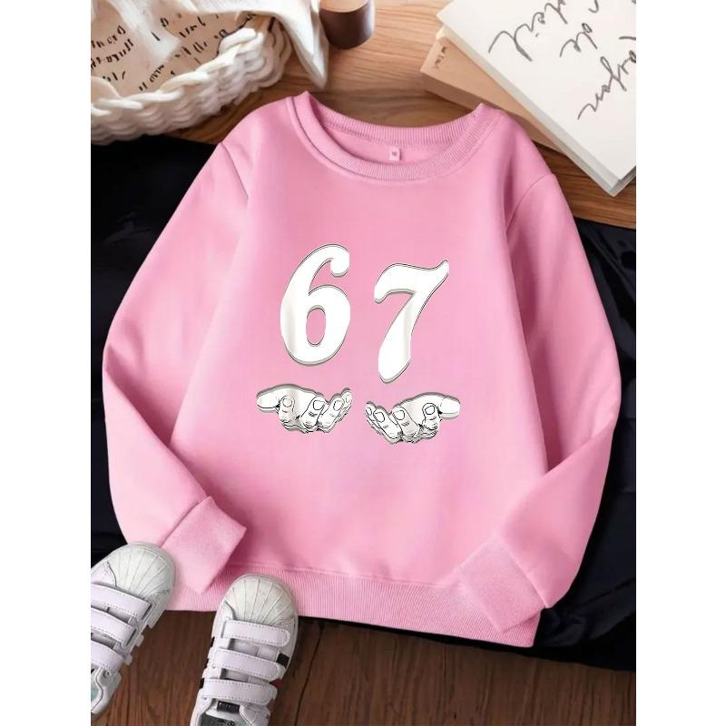 European Size Round Neck Sweatshirt - Cartoon Design with Number 67, Casual Long-Sleeve Top for Children, New Fashion for Spring And Autumn