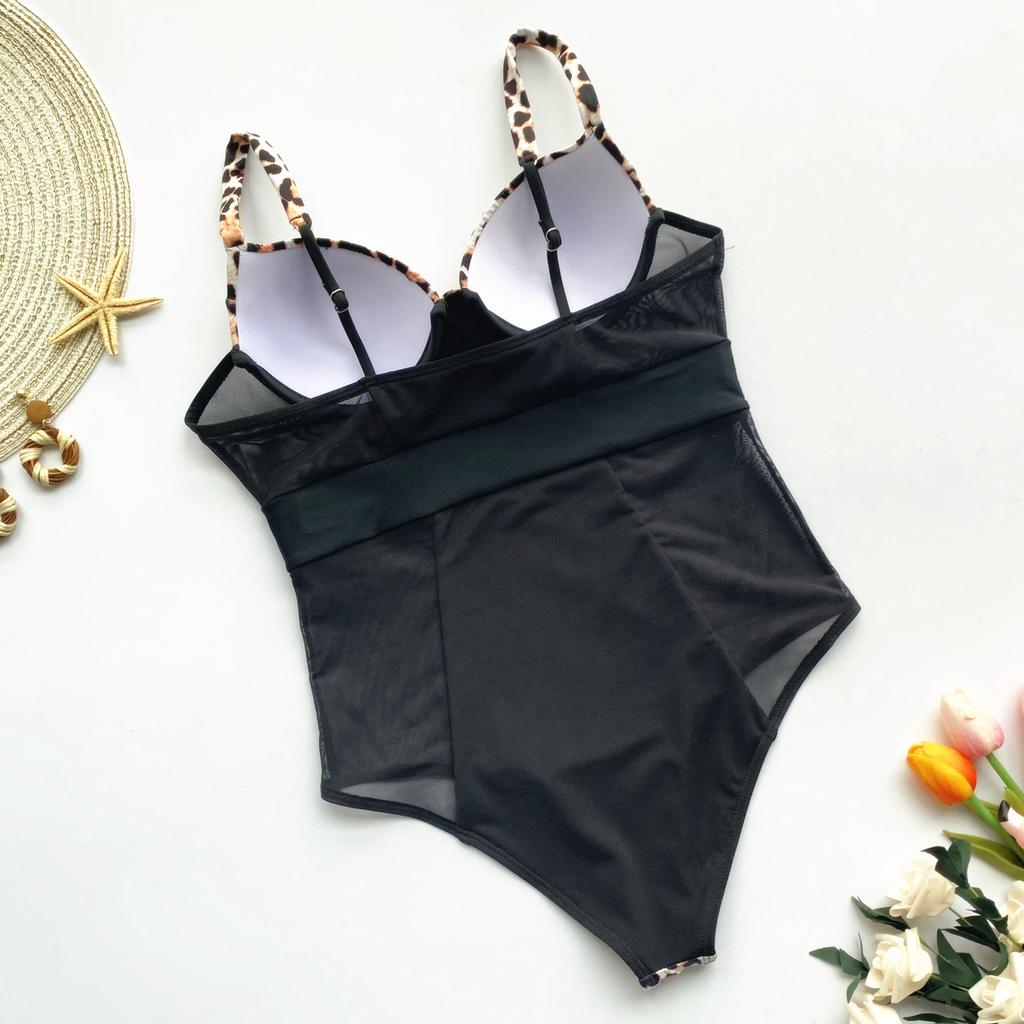 Women Leopard One Piece Swimsuit Mesh Stitching Bikini with Underwire Sexy Beachwear
