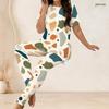 Women Plus Size Geometric Printed Round Neck Short Sleeve Long Top Fitted Pants Two Piece Set