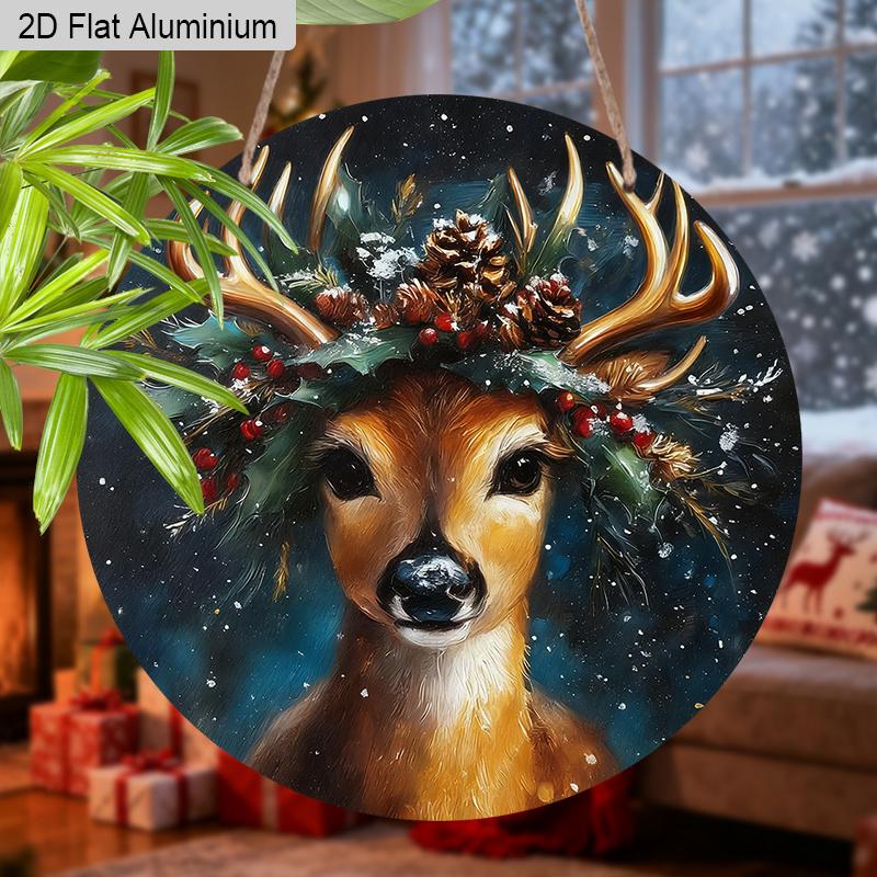2D Flat Aluminium Christmas Sign with Elk Pattern - Navidad Figurine Ornaments - Ideal for Front Door, Wall, Porch, Fence Decor - Ideal Christmas
