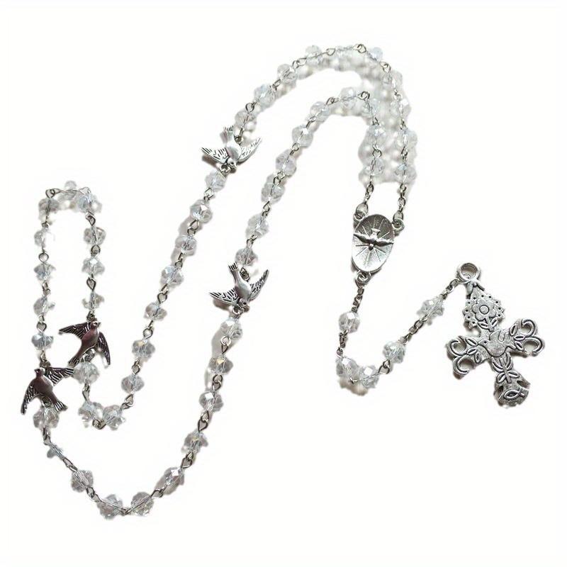 1pcs White GlassCrystal Rosary Necklace Cross Necklace Jewelry Alloy Mary Pendant Pendant Necklaces for Men Women Jewelry Wall Decoration Necklace