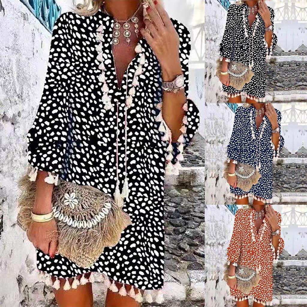 Women Three-quarter Sleeve Boho Polka Dot Printed Dress Tassel V-neck Dress