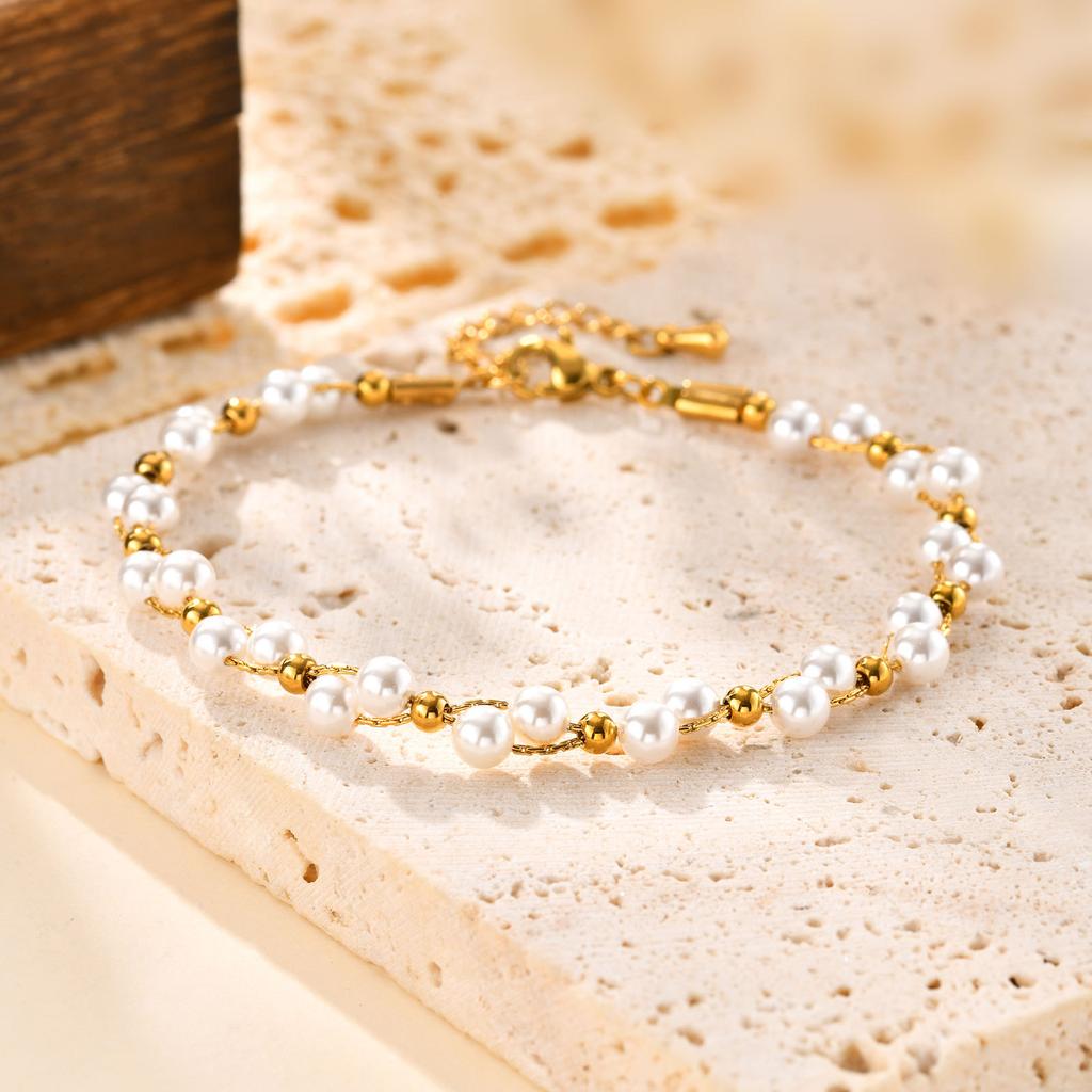 Fashion Stainless Steel Chain Bead Bracelet 18K Gold Ladies 2563