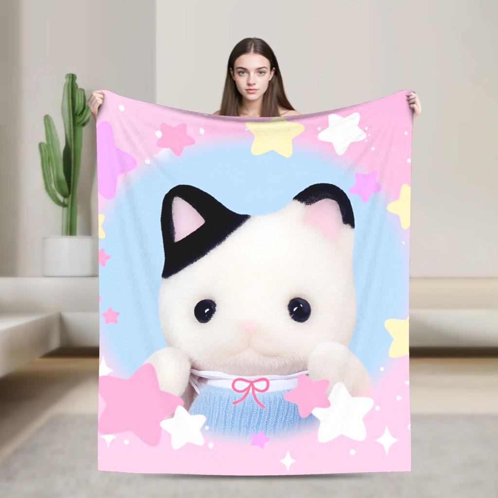 Cute Sylvanian Families Soft Warm Blankets Camping Plush Throw Blanket Funny Bedroom Flannel Bedspread Sofa Bed Cover