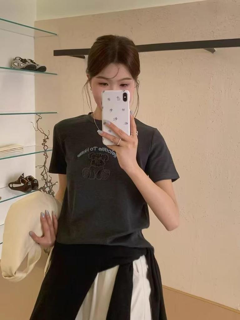 Spring/Summer 2025 Korean Cartoon Bear Embroidered Loose Short Sleeve T-Shirt for Women