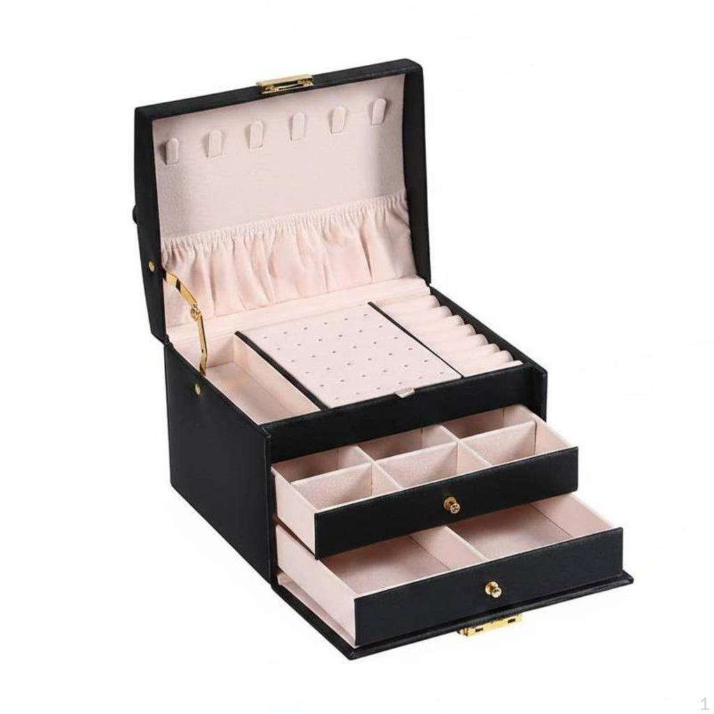 Three Layer Jewelry Box Multi Compartment Lockable Large Capacity for Dressing Table,