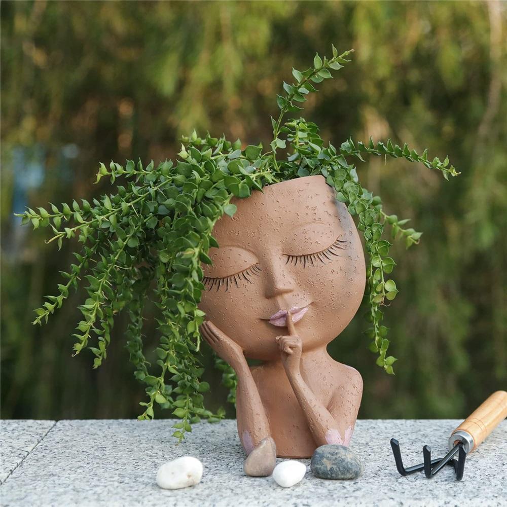 Gezicht Hoofd Planter Vetplant Bloempot Hars Container Met Afvoergaten Bloempot Figuur Tuindecoratie Tafelblad Ornament