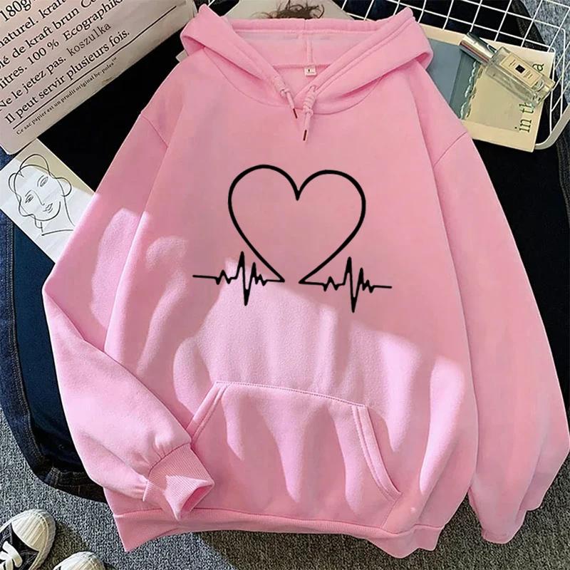 Love Heart Print Hoodie for Woman Autumn Winter Daily Casual Sporty Hooded Sweatshirt Female Home Outdoor Comfort Loose Pullover