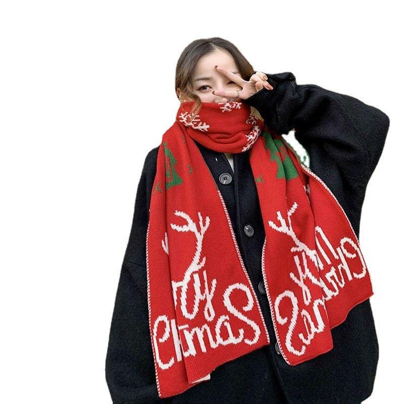 Christmas elk knitted wool scarf women's winter warm red scarf Korean version versatile Japanese scarf