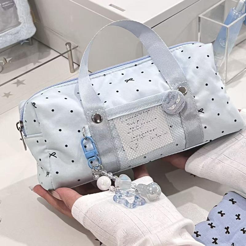 New White Blue Color Star Polka Dot Tote Pencil Case Ins Style Cute Pen Bag For Student Large Capacity Stationery Organizer Bag