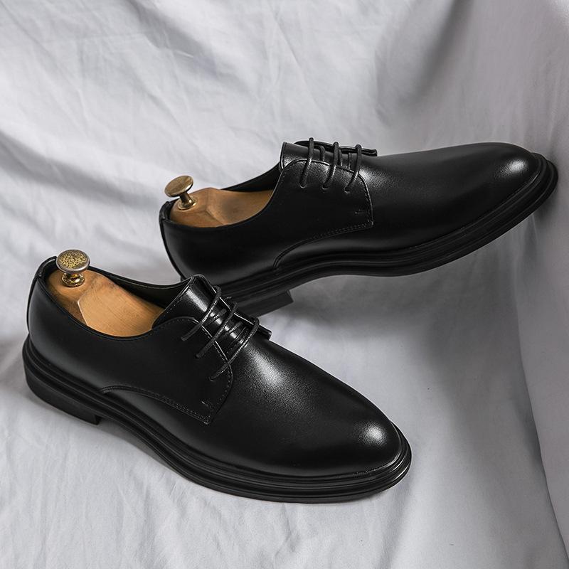 Korean Version of Glossy Pointed Business Leather Shoes Men's British Fashion Solid Color Dress Derby Shoes Black Versatile Lace-up Leather Shoes