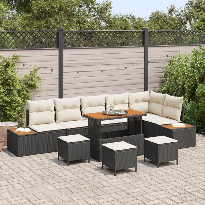 Canapés de Jardin 10 Pièces avec Coussins Noir Poly Rattan Acacia 3364890