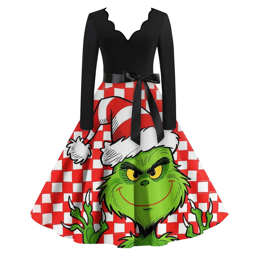 Ladies' Fashionable Retro Long Sleeved Square Neck Christmas Printed Evening Dress Dress
