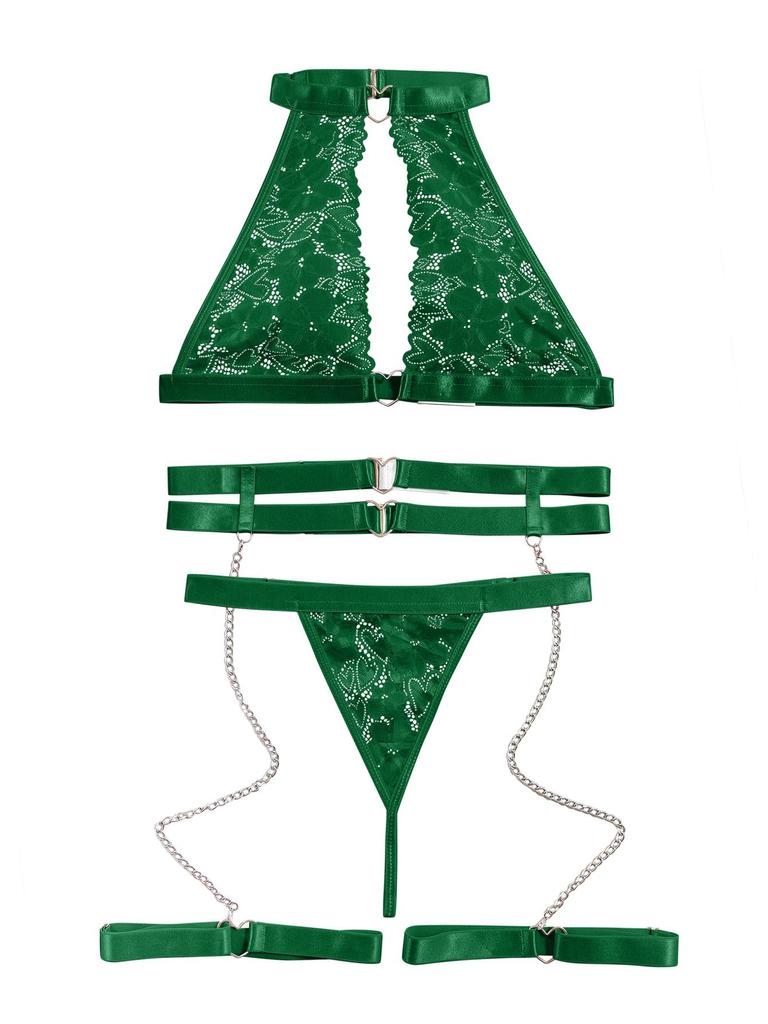 Sexy Halter Heart Ring Cutout Chain Floral Lace Sheer Garter Belt Lingerie Set 3 Piece