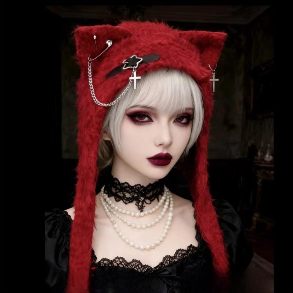 New Harajuku Japanese Cat Ear Hat with Scarf Cross Chain Leather Women Y2K Punk Knitted Caps Buckle Warm Ear Flap Hat